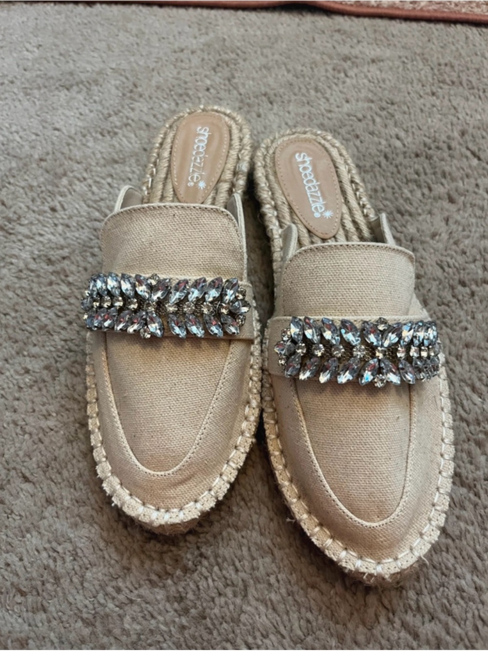 Shoe Dazzle Beige Canvas Jeweled Espadrille Mules